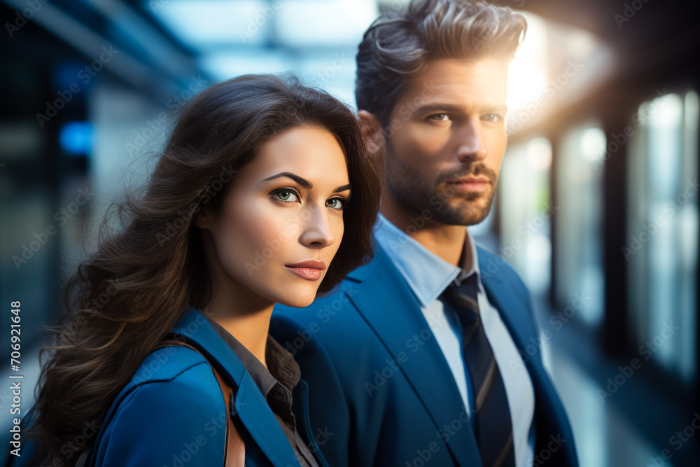 Portrait of a confident businessman and business woman in train station