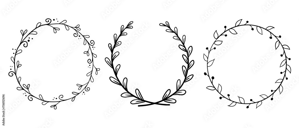 Doodle contour hand drawn floral round frames - obrazy, fototapety, plakaty 