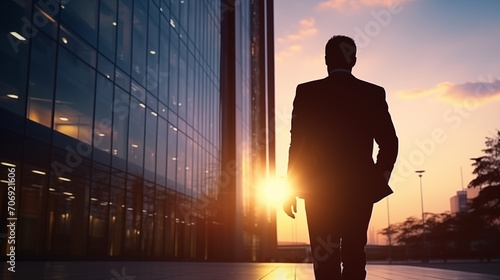 Silhouette of business man walking in office building with sun rays on background