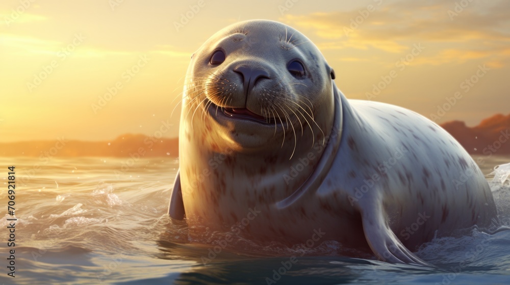 Obraz premium A seal is smiling in the water at sunset. Generative AI.