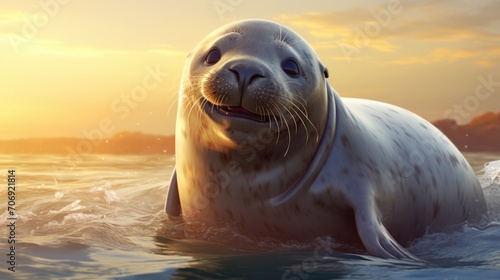 A seal is smiling in the water at sunset. Generative AI.