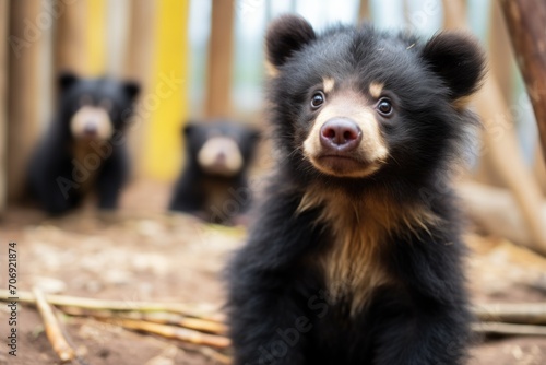 fluffy spectacled bear cub looking curiously at camera photo