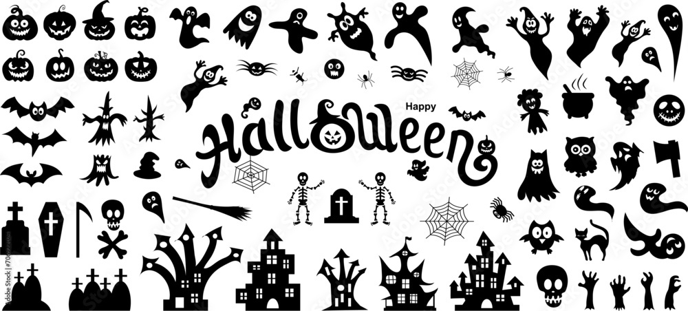 Big set of silhouettes of Halloween on a white background. Vector illustration.