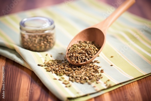 alfalfa sprouted seeds in a wooden spoon on a tablecloth