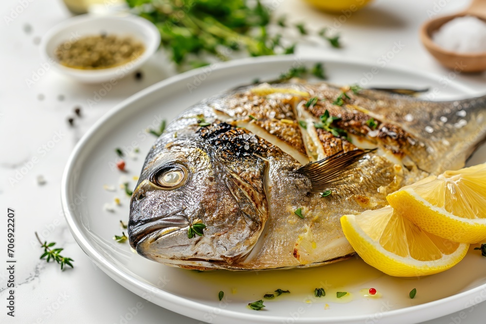 Grilled dorado with lemon on a white plate on a white marble kitchen table. Mediterranean cuisine Grilled dorado with lemon on a white plate on a white marble kitchen table. Mediterranean cuisine