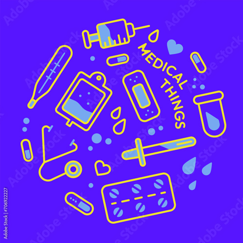 Vector set of medical themed images in neon style. A pattern of medical elements in the form of a circle. Poster with the image of medical equipment in flat style.