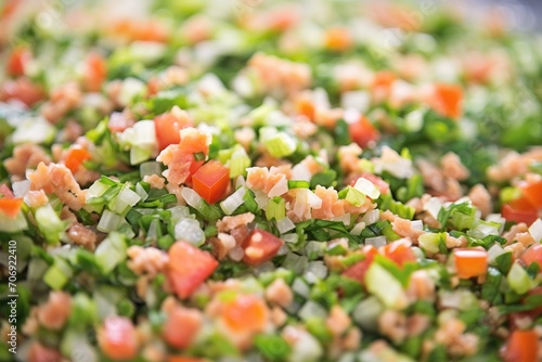 close-up of tabouli texture with tomato dices and green onions