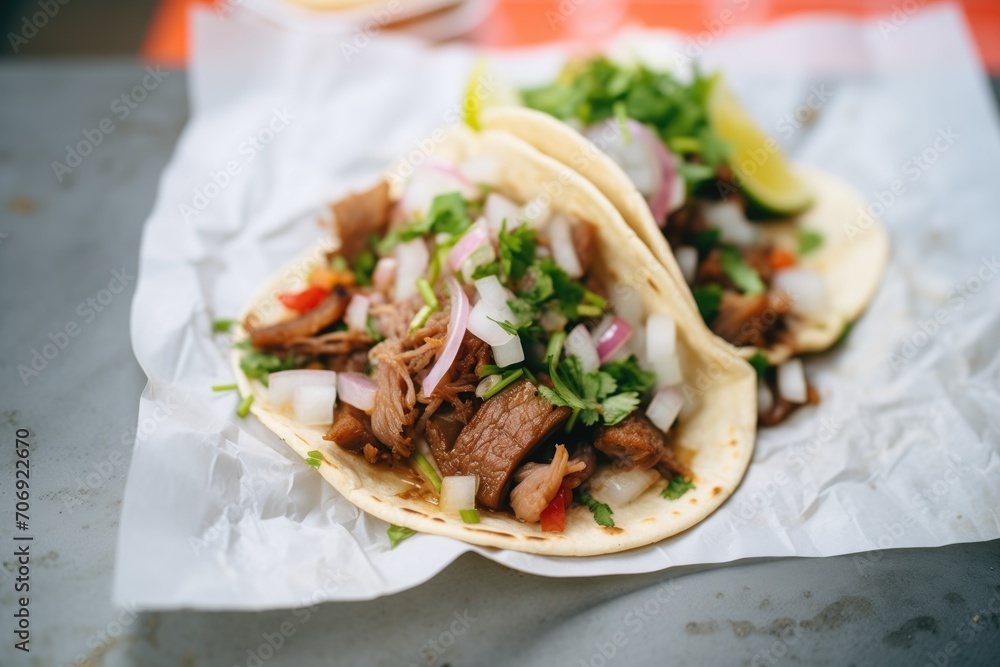 street-style tacos with carne asada and diced onions, on wax paper