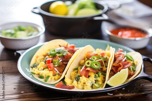 breakfast tacos with scrambled eggs and bacon strips on a skillet