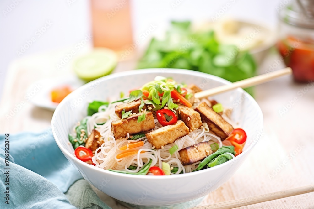 asian noodles with tempeh strips and sesame seeds asian noodles with tempeh strips and sesame seeds