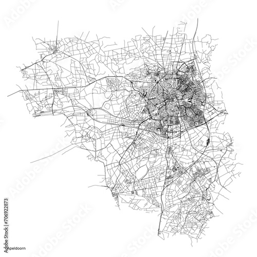 Apeldoorn city map with roads and streets, Netherlands. Vector outline illustration.