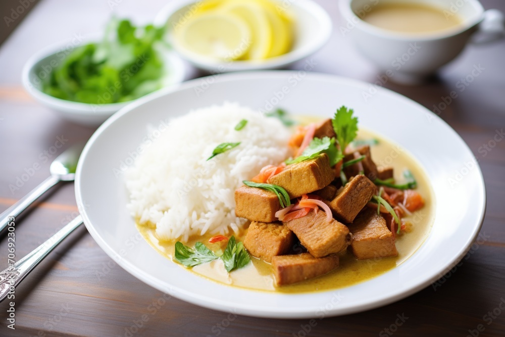cubed tempeh in curry sauce with basmati rice