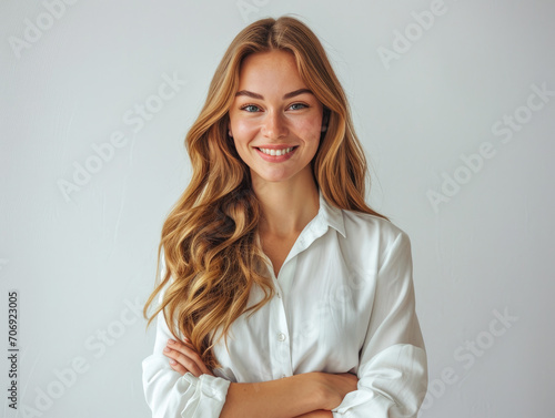 Closeup photo portrait of a young european woman smiling. Isolated on white background.