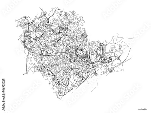 Montpellier city map with roads and streets, France. Vector outline illustration.