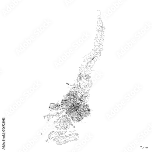 Turku city map with roads and streets, Finland. Vector outline illustration.