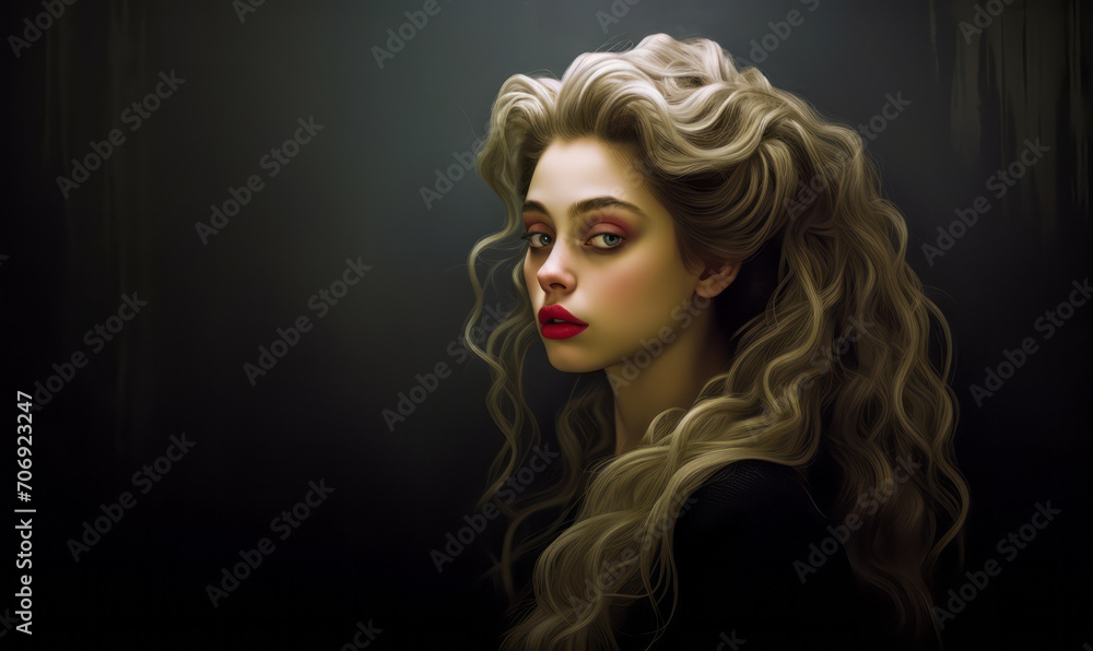 Fototapeta premium Enigmatic woman with voluminous curly hair and a deep gaze, dressed in black, against a smoky dark backdrop, exuding mystery and elegance