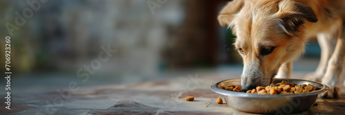 attentive dog beside food bowl on blurred stone background,dog eating , banner with space for text in a serene outdoor setting photo