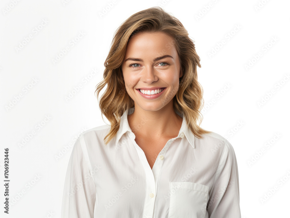 Closeup photo portrait of a young european woman smiling. Isolated on white background. Closeup photo portrait of a young european woman smiling. Isolated on white background.