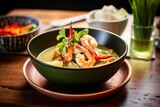 green curry with prawns, lime wedge on the side