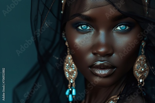 "Exquisite African American Woman: Veiled Beauty in Eastern Elegance"