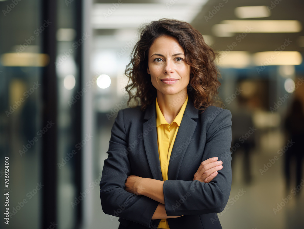 Smiling businesswoman standing on modern office and looking at camera Smiling businesswoman standing on modern office and looking at camera