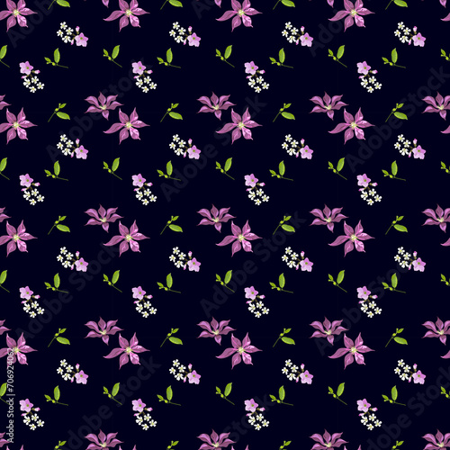 Bright floral pattern from different flowers in bouquets with small leaves on a black background -  seamless illustration for the design of fabric, scarves, shawls.