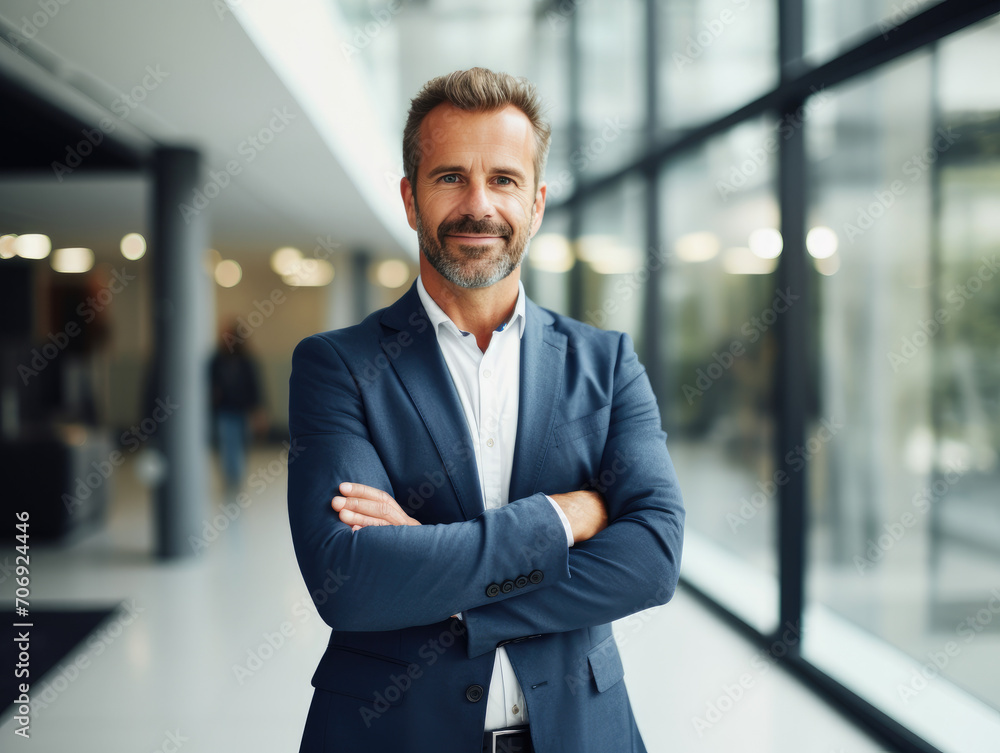 Smiling businessman standing on modern office and looking at camera Smiling businessman standing on modern office and looking at camera
