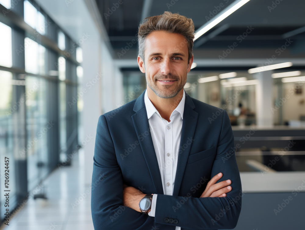 Smiling businessman standing on modern office and looking at camera Smiling businessman standing on modern office and looking at camera