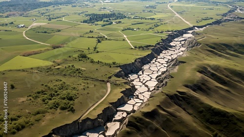 A topdown shot showcasing the stark contrast between the once peaceful area and the aftermath of a destructive earthquake, as deep fault lines crisscross the land.