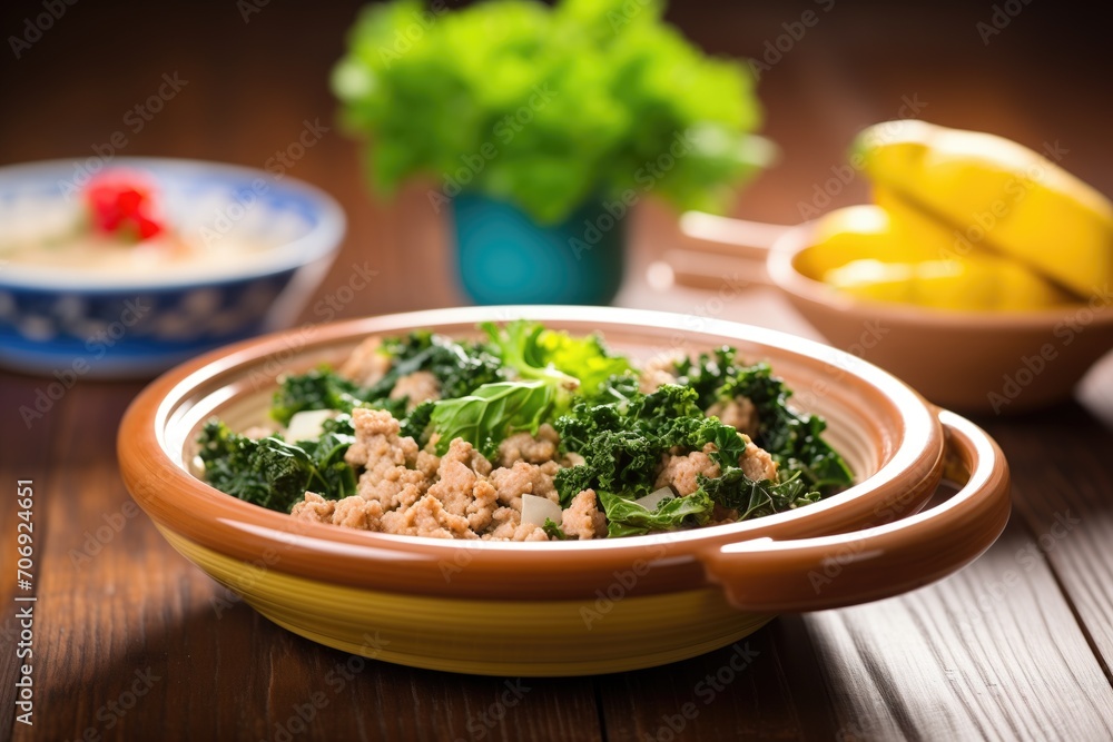 zuppa toscana in terracotta bowl, wooden background zuppa toscana in terracotta bowl, wooden background