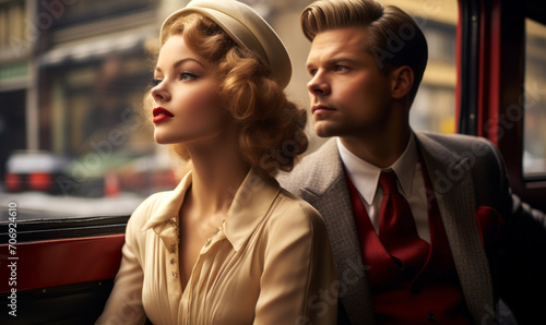 Elegant 1940s Couple in Vintage Fashion Contemplating Cityscape from Classic Train Carriage, Timeless Romance and Travel