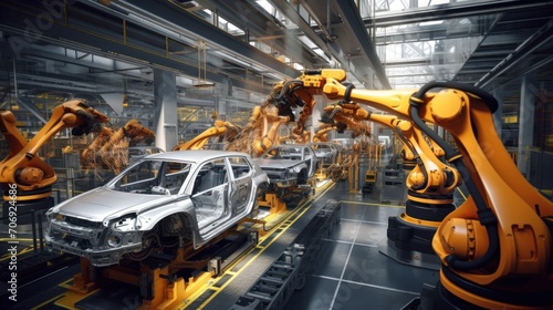 Aerial Car Factory: Automatic robot arm assembly line produces high-tech vehicles. photo