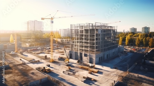 Aerial drone footage of a building construction area.