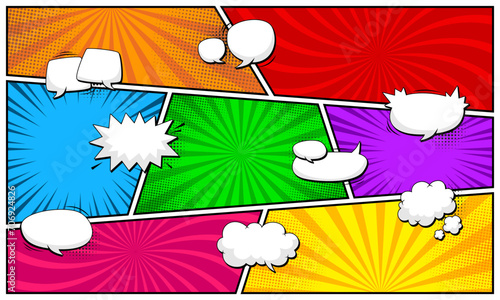 Colorful comic page background with blank speech bubbles for text