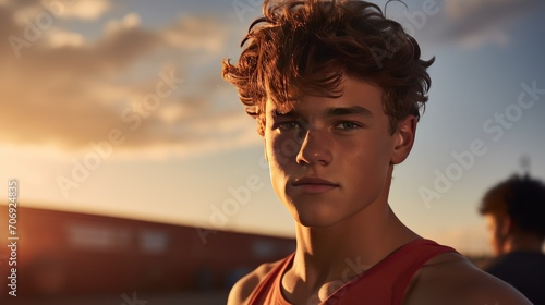 of Close-up of an energetic young athlete. Exercise with a sunset