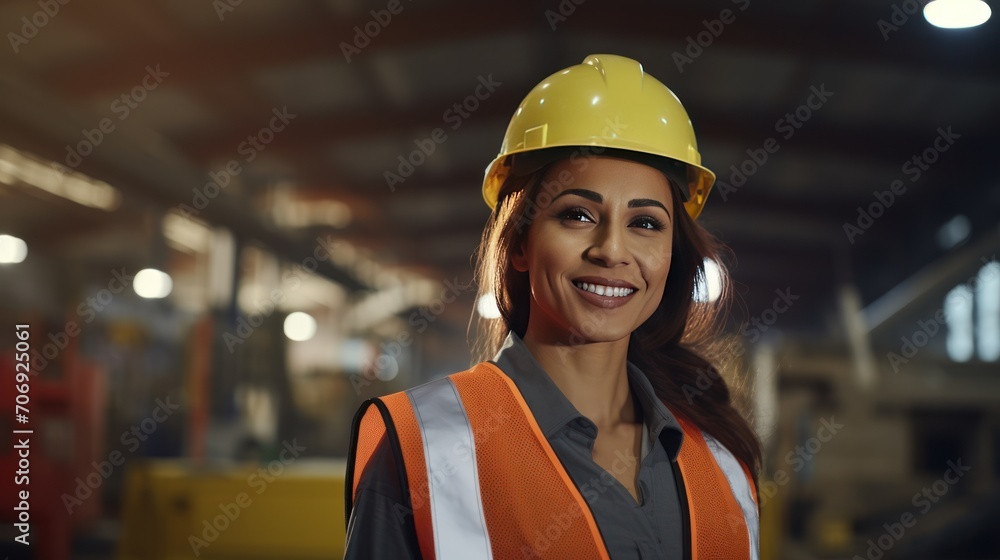 Smiling portrait of beautiful female industrial engineer wearing white hard hat, safety vest working in logistics center Smiling portrait of beautiful female industrial engineer wearing white hard hat, safety vest working in logistics center
