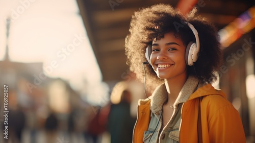 Smiling mixed race hipster girl listening to music, wearing headphones, dancing alone on the street. photo