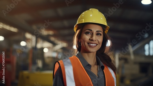 Smiling portrait of beautiful female industrial engineer wearing white hard hat, safety vest working in logistics center © venusvi