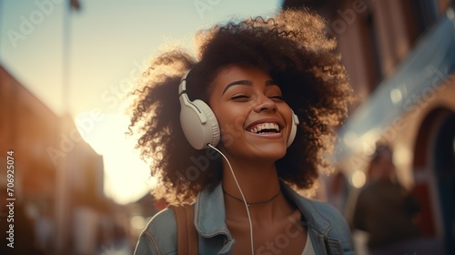 Smiling mixed race hipster girl listening to music, wearing headphones, dancing alone on the street. photo