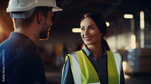 Smiling portrait of beautiful female industrial engineer wearing white hard hat, safety vest working in logistics center © venusvi