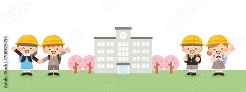 春の学校と子供たちのイラスト素材