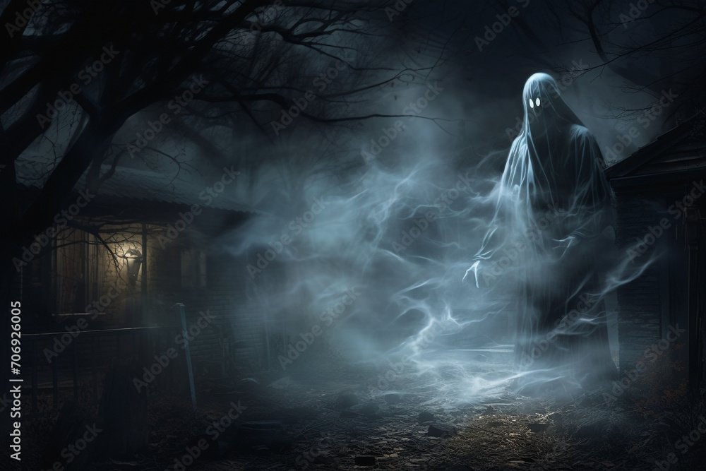 Culture and religion, states of mind, sci-fi and horror concept. Specter, reaper or ghost silhouette. Scary and terrifying apparition of paranormal ghost at night Culture and religion, states of mind, sci-fi and horror concept. Specter, reaper or ghost silhouette. Scary and terrifying apparition of paranormal ghost at night