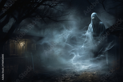 Culture and religion, states of mind, sci-fi and horror concept. Specter, reaper or ghost silhouette. Scary and terrifying apparition of paranormal ghost at night © Rytis
