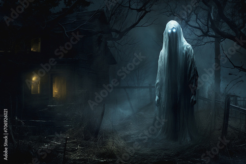 Culture and religion, states of mind, sci-fi and horror concept. Specter, reaper or ghost silhouette. Scary and terrifying apparition of paranormal ghost at night