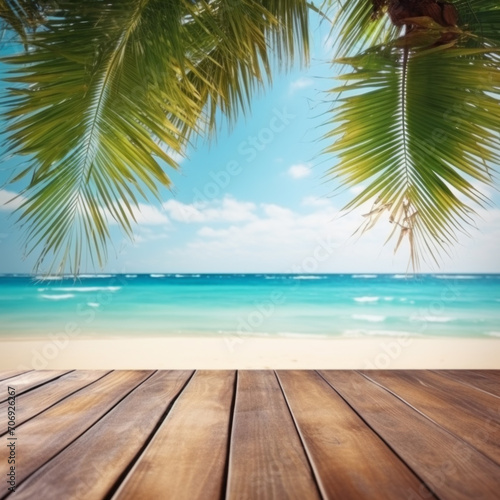 Empty wide Table top wooden bar with blurred beautiful beach scene background coconut leaf on the frame for product display mockup outside summer day time  Resort on nature sea