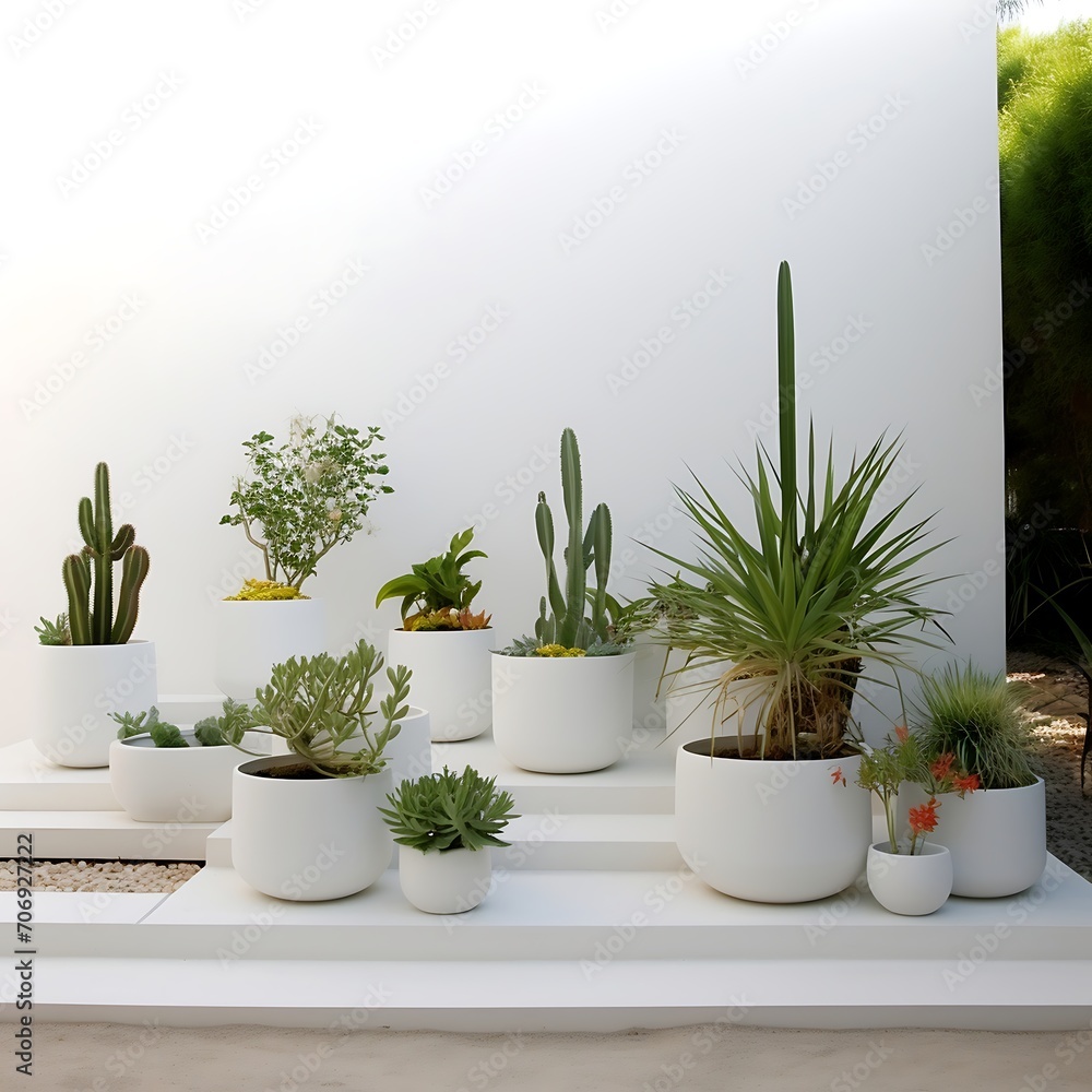 Modern design of terrace with flowers and plants in pots. Garden decoration. Modern design of terrace with flowers and plants in pots. Garden decoration.