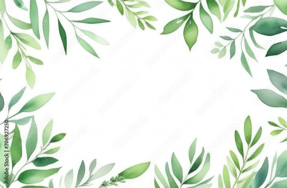 watercolor frame of green eucalyptus leaves on white background, copy space watercolor frame of green eucalyptus leaves on white background, copy space
