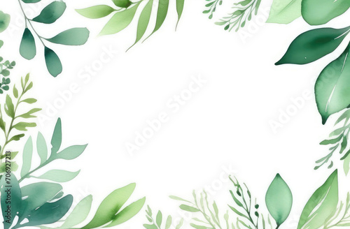 watercolor frame of green eucalyptus leaves on white background, copy space