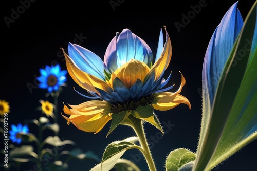 Blue sunflower bloom and shine at night. suitable for wallpaper background