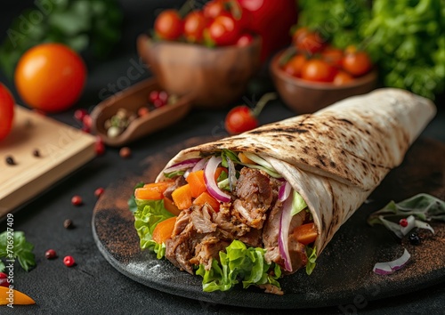 Deliciously Grilled Doner Kebab with Colorful Salad on a Granite Table in a Modern Mediterranean Kitchen